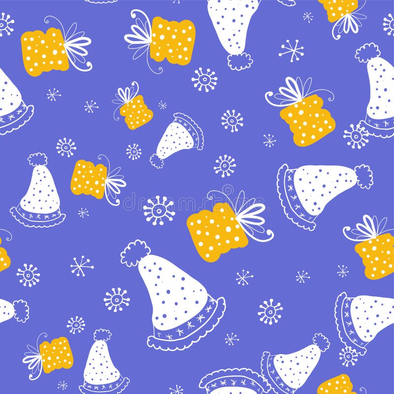 Naadloos vectorpatroon Het naadloze patroon van de krabbelstijl met gebreide hoeden en giftdozen op de witte sneeuwvlokken royalty-vrije illustratie Naadloos vectorpatroon Het naadloze patroon van de krabbelstijl met gebreide hoeden en giftdozen op de witte sneeuwvlokken royalty-vrije illustratie
