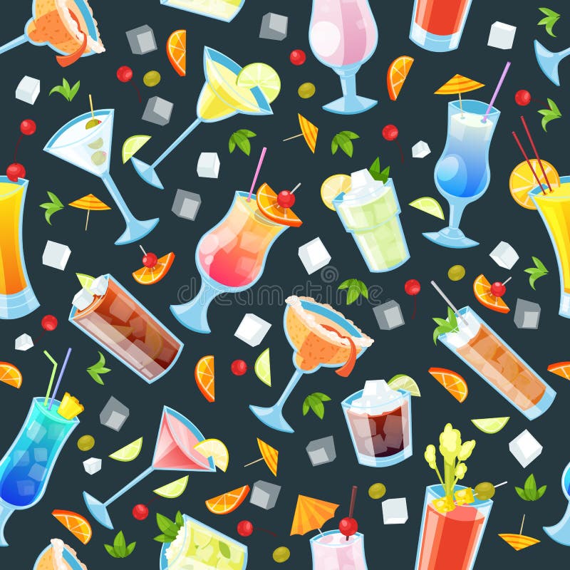 Naadloos vectorpatroon met tropische alcoholcocktails Dranken en drankenbar, restaurant zwarte achtergrond stock illustratie Naadloos vectorpatroon met tropische alcoholcocktails Dranken en drankenbar, restaurant zwarte achtergrond stock illustratie