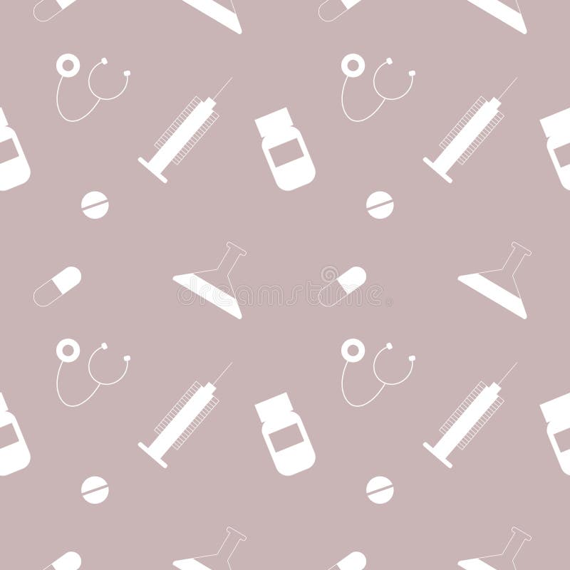 Naadloos vectorpatroon, pastelkleur chaotische achtergrond met witte medische hulpmiddelen en pillen vector illustratie Naadloos vectorpatroon, pastelkleur chaotische achtergrond met witte medische hulpmiddelen en pillen vector illustratie
