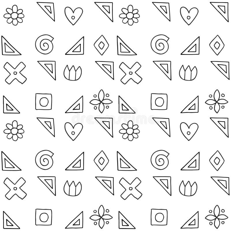 Naadloos vectorpatroon, zwart-witte geometrische achtergrond met bloem, blad, harten, kruis, vierkant Druk voor decor, behang vector illustratie Naadloos vectorpatroon, zwart-witte geometrische achtergrond met bloem, blad, harten, kruis, vierkant Druk voor decor, behang vector illustratie