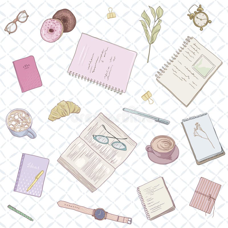 Naadloos vrouwen` s patroon Werkt de hand getrokken illustratie in pastelkleuren nota's, achtergrond die, creatieve levensstijl b vector illustratie Naadloos vrouwen` s patroon Werkt de hand getrokken illustratie in pastelkleuren nota's, achtergrond die, creatieve levensstijl b vector illustratie