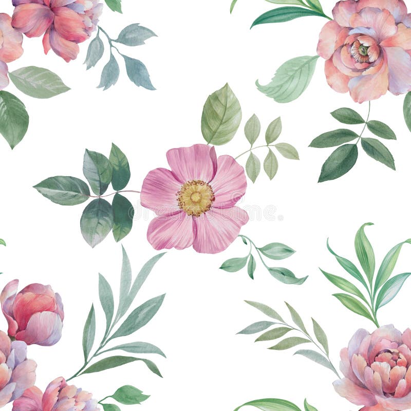 Naadloos waterverfpatroon Illustratie van bloemen en bladeren stock illustratie Naadloos waterverfpatroon Illustratie van bloemen en bladeren stock illustratie