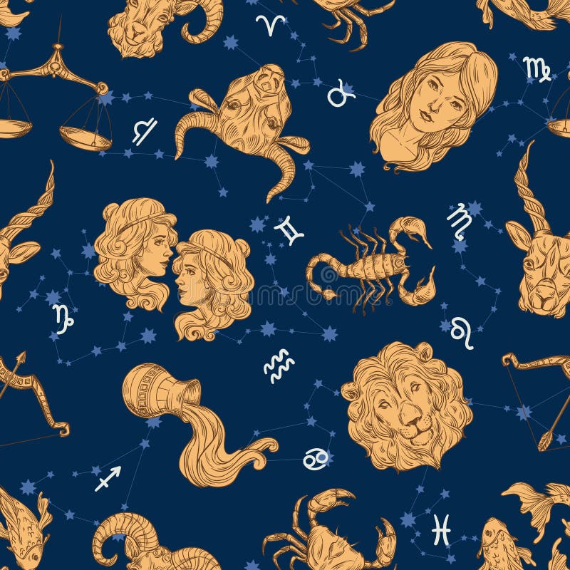 Seamless zodiac pattern. Aries, Leo and Sagittarius constellations. Cancer, Scorpio and Pisces. Taurus, Virgo and Capricorn. Gemini, Libra and Aquarius. Astronomy wallpaper vector illustration. Seamless zodiac pattern. Aries, Leo and Sagittarius constellations. Cancer, Scorpio and Pisces. Taurus, Virgo and Capricorn. Gemini, Libra and Aquarius. Astronomy wallpaper vector illustration