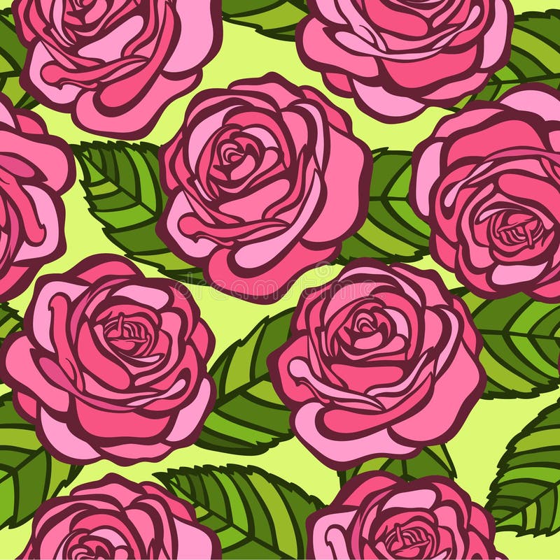 Naadloze achtergrond. Roze rozen met groene bladeren in de oude stijl vector illustratie Naadloze achtergrond. Roze rozen met groene bladeren in de oude stijl vector illustratie