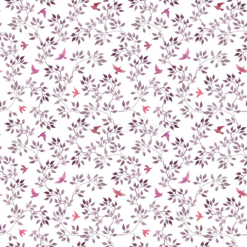 Naadloze bloemenachtergrond - leuke bloemen, bladeren en vliegende vogels Waterverfhand geschilderd art. stock illustratie Naadloze bloemenachtergrond - leuke bloemen, bladeren en vliegende vogels Waterverfhand geschilderd art. stock illustratie