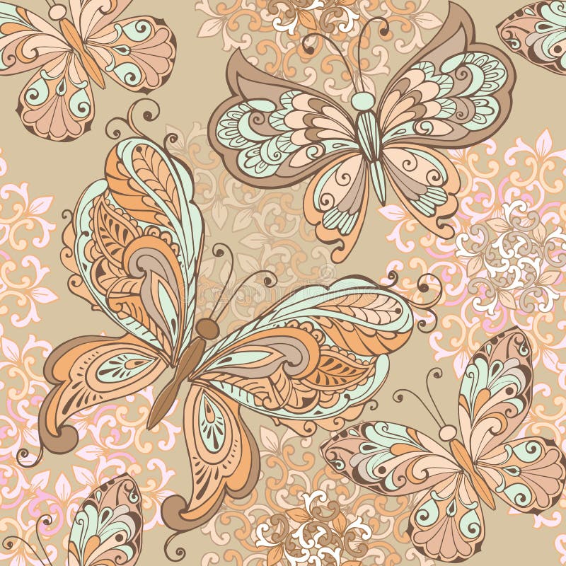 In Naadloze Bloemendruk in pastelkleuren Naadloos patroon met decoratieve vlinders in pastelkleuren royalty-vrije illustratie In Naadloze Bloemendruk in pastelkleuren Naadloos patroon met decoratieve vlinders in pastelkleuren royalty-vrije illustratie
