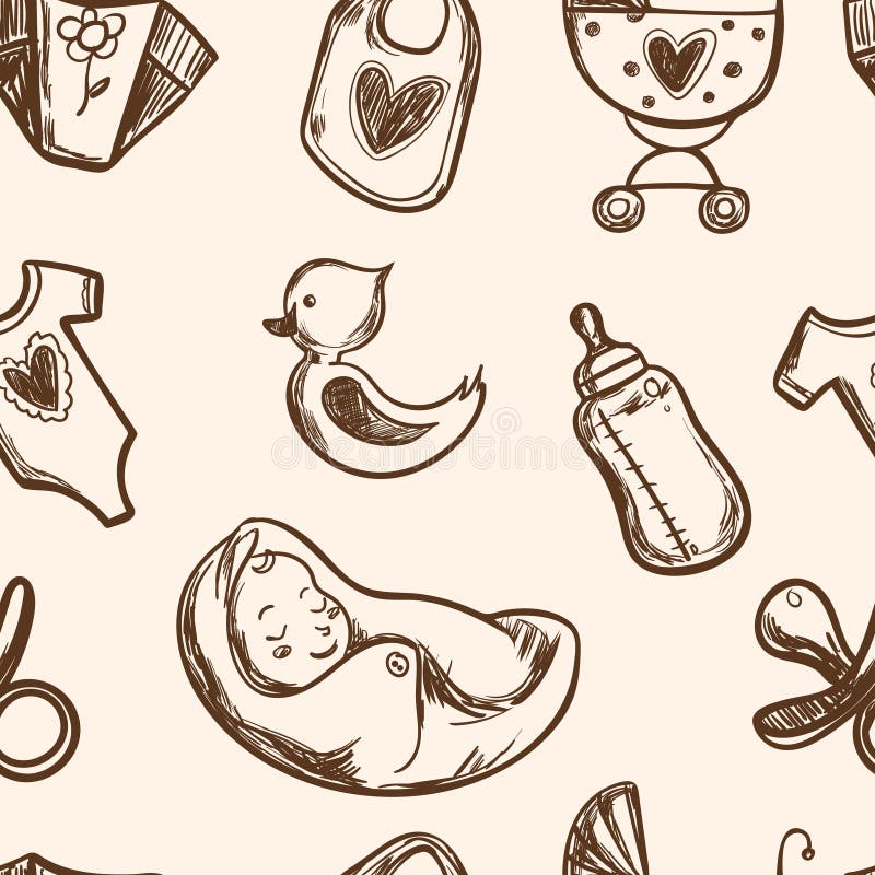 Naadloze de douchepictogrammen van de patroonbaby, met luier, kruippakje, slaap, zak stock illustratie Naadloze de douchepictogrammen van de patroonbaby, met luier, kruippakje, slaap, zak stock illustratie