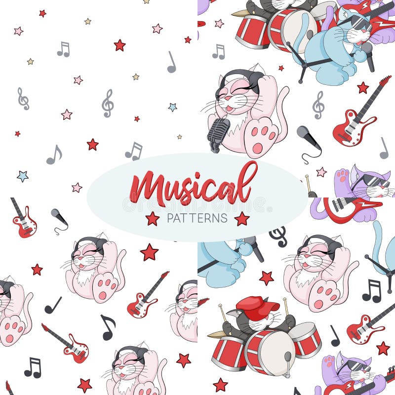 Naadloze die patronen met leuke beeldverhaal musican katjes worden geplaatst op witte achtergrond vector illustratie Naadloze die patronen met leuke beeldverhaal musican katjes worden geplaatst op witte achtergrond vector illustratie