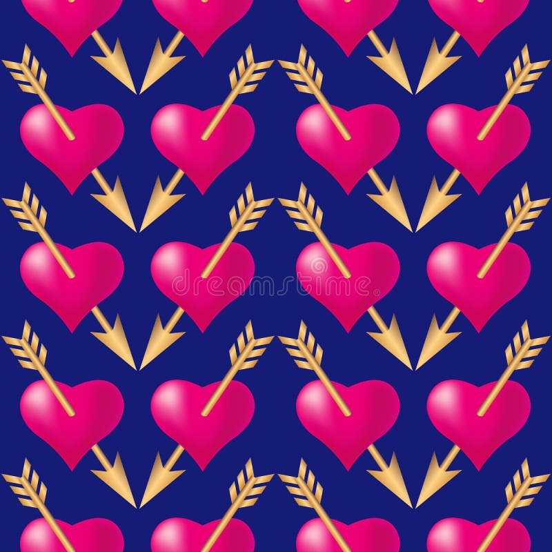 Naadloze die patroonachtergrond met harten door gouden pijlen worden doordrongen De vakantietypografie van de valentijnskaartenda stock illustratie Naadloze die patroonachtergrond met harten door gouden pijlen worden doordrongen De vakantietypografie van de valentijnskaartenda stock illustratie