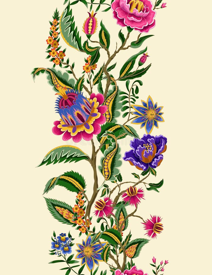 Seamless border with Indian ethnic ornament elements. Folk flowers and leaves for print or embroidery. Seamless border with Indian ethnic ornament elements. Folk flowers and leaves for print or embroidery.