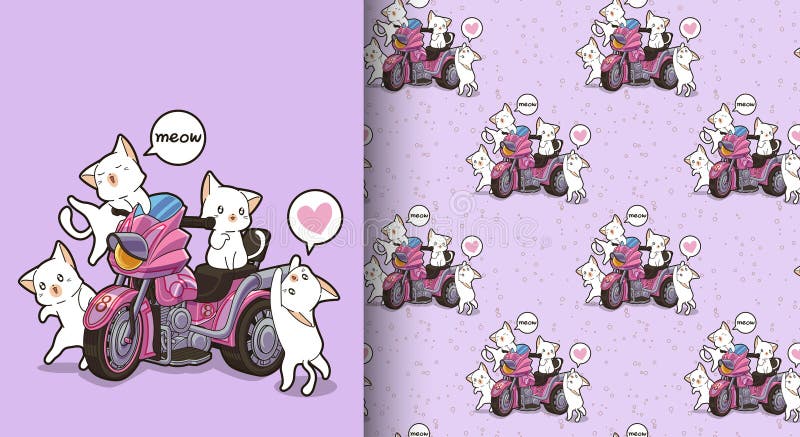 Naadloze kawaiikatten en motorpatroon met drie wielen royalty-vrije illustratie Naadloze kawaiikatten en motorpatroon met drie wielen royalty-vrije illustratie
