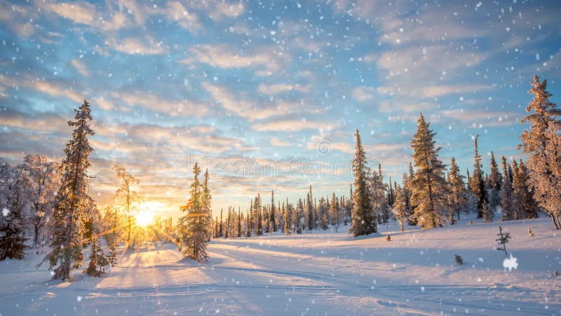 Naadloze lijn - Sneeuw die op een de winterlandschap bij zonsondergang, Saariselka, Lapland Finland, videohd vallen