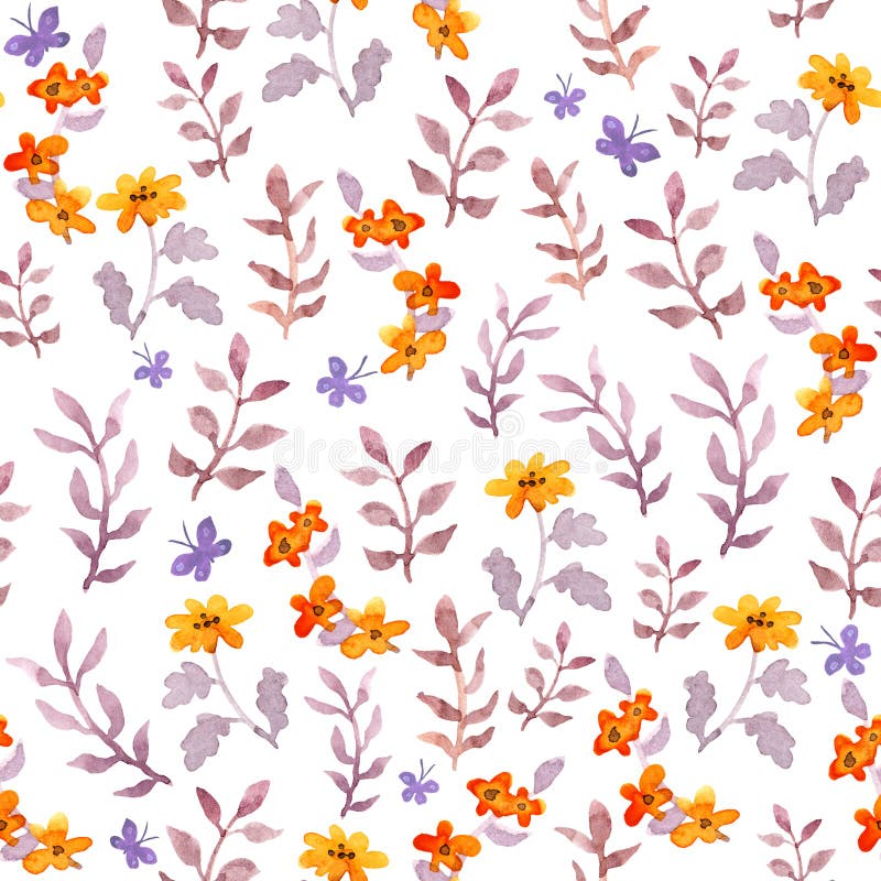 Naadloze naïeve bloemenachtergrond Leuke bloemen, bladeren, vlinders watercolour vector illustratie Naadloze naïeve bloemenachtergrond Leuke bloemen, bladeren, vlinders watercolour vector illustratie
