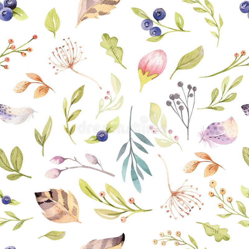 Naadloze patroon van de waterverf het bloemenbloei in pastelkleuren Naadloze achtergrond met bloossombloem en bladeren, boho vector illustratie Naadloze patroon van de waterverf het bloemenbloei in pastelkleuren Naadloze achtergrond met bloossombloem en bladeren, boho vector illustratie