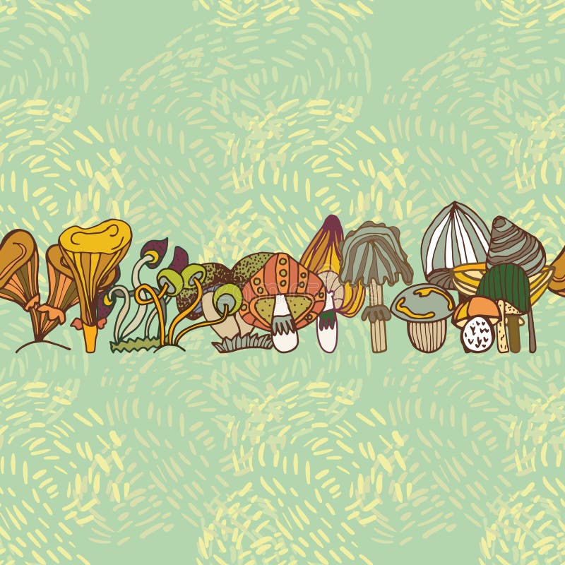 Naadloze vectorgrens van verschillende paddestoelen stock illustratie Naadloze vectorgrens van verschillende paddestoelen stock illustratie