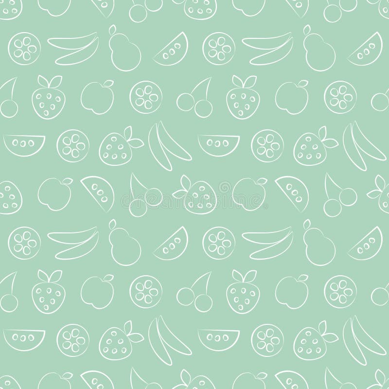 Naadloze vectorpatronen met vruchten Pastelkleur groene achtergrond met aardbei, banaan, appel, peer, watermeloen en kers royalty-vrije illustratie Naadloze vectorpatronen met vruchten Pastelkleur groene achtergrond met aardbei, banaan, appel, peer, watermeloen en kers royalty-vrije illustratie