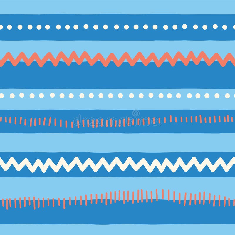 Naadloze vectorpatroon abstracte horizontale lijnen, zigzag, punten, strepen Rode en blauwe stammenkrabbelachtergrond textuur voo royalty-vrije illustratie Naadloze vectorpatroon abstracte horizontale lijnen, zigzag, punten, strepen Rode en blauwe stammenkrabbelachtergrond textuur voo royalty-vrije illustratie