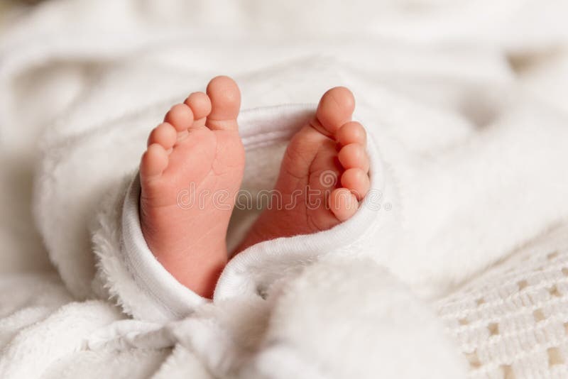 Naakte voeten van een leuke pasgeboren baby in warme witte deken Kleine naakte voeten van een kleine babymeisje of een jongen Pas royalty-vrije stock foto's Naakte voeten van een leuke pasgeboren baby in warme witte deken Kleine naakte voeten van een kleine babymeisje of een jongen Pas royalty-vrije stock foto's