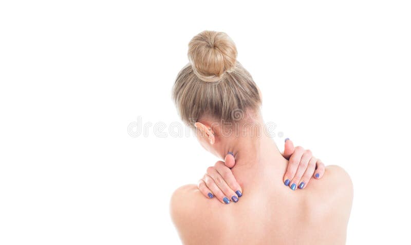 Naakte vrouw met halspijn Achter mening Studio op wit terug wordt geschoten dat stock afbeeldingen Naakte vrouw met halspijn Achter mening Studio op wit terug wordt geschoten dat stock afbeeldingen
