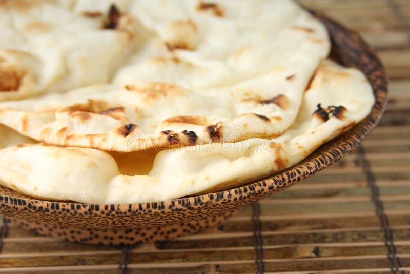 Two pieces of naan bread in a palm wood bowl sitting on a bamboo matt. Two pieces of naan bread in a palm wood bowl sitting on a bamboo matt.