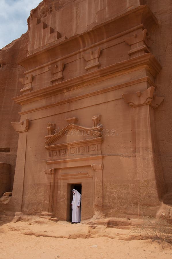 Nabatean tomb in MadaÃ®n Saleh archeological site, Saudi Arabia royalty free stock images