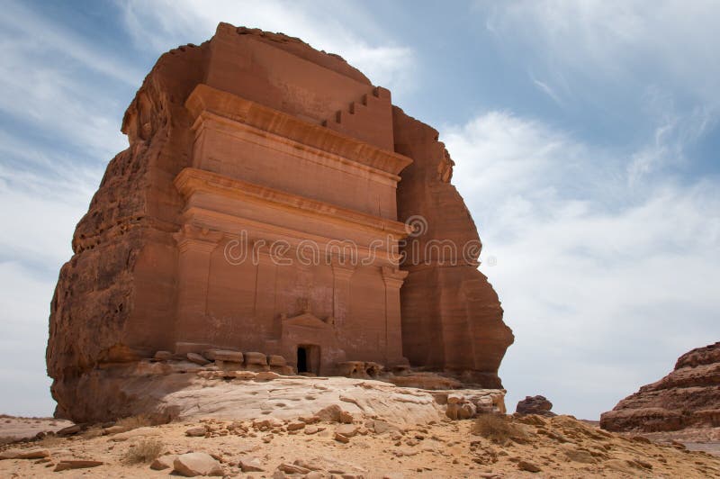Nabatean tomb in MadaÃ®n Saleh archeological site, Saudi Arabia stock images
