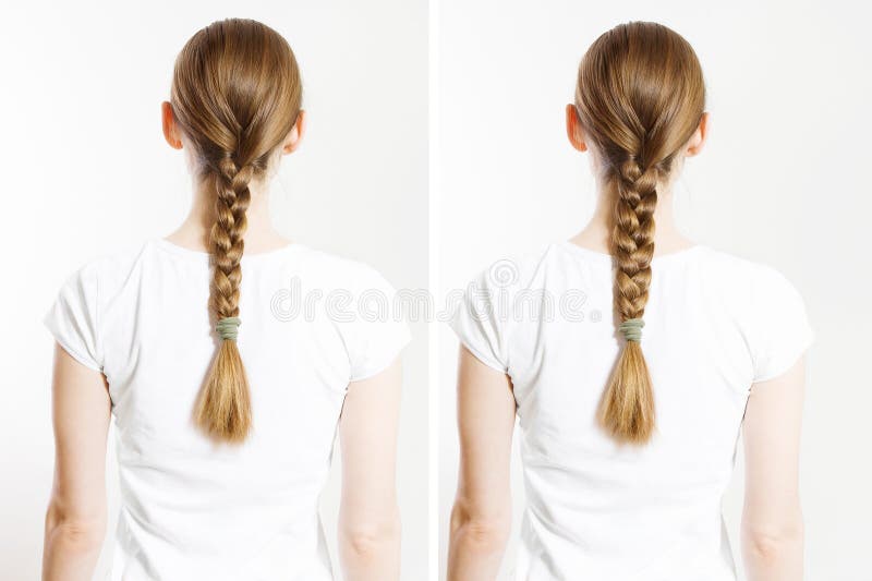 Nach dem Haarstil. Hinteransicht Frau geflochtene Frisuren isoliert auf weißem Hintergrund. im Voraus lizenzfreie stockfotografie