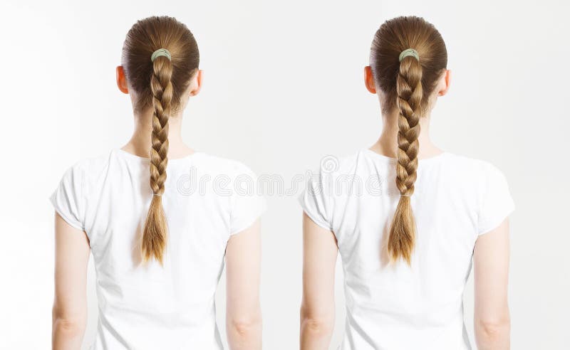 Nach dem Haarstil. Hinteransicht Frau geflochtene Frisuren isoliert auf weißem Hintergrund. im Voraus lizenzfreie stockfotografie