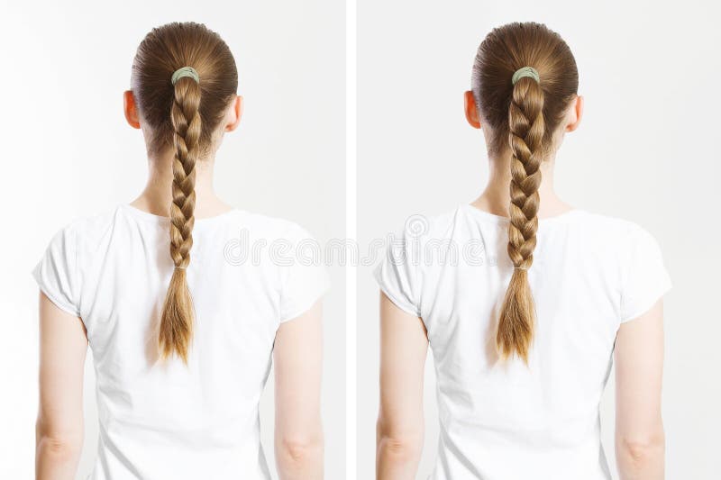 Nach dem Haarstil. Hinteransicht Frau geflochtene Frisuren isoliert auf weißem Hintergrund. im Voraus lizenzfreies stockbild