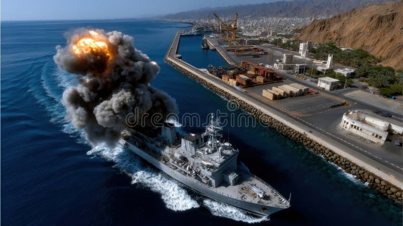 Nach einer Explosion in der Nähe eines Küstenhafens unter freiem Himmel wird ein Kriegsschiff in Flammen und dickem Rauch verwicke lizenzfreie stockbilder