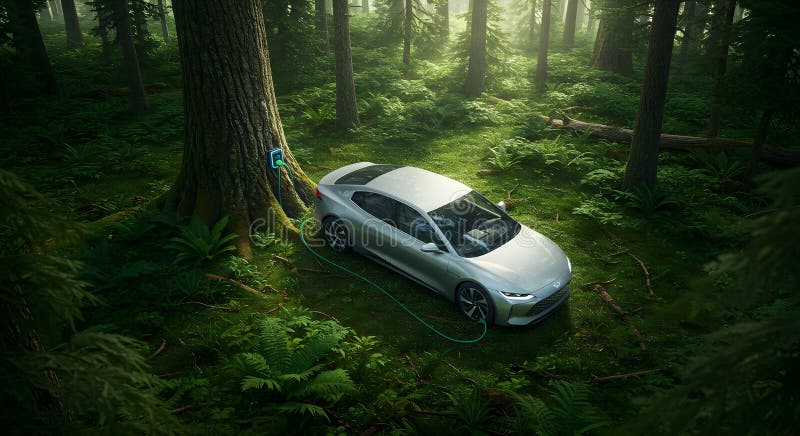 Nachhaltige Ladung elektrischer Fahrzeuge in einem dichten grünen Wald vektor abbildung