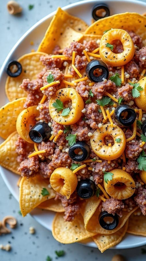 Nachos carichi di olive di formaggio di manzo e jalapenos su una piastra bianca. che l'immagine viene generata mediante AI.