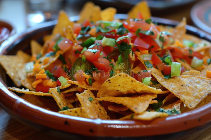 Nachos colorati di fresco con pomodori formaggio e cipolle verdi in una ciotola rustica immagine stock libera da diritti