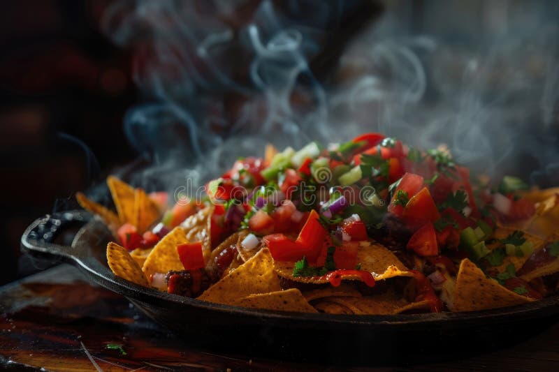 Nachos colorati di fresco con pomodori formaggio e cipolle verdi in una ciotola rustica fotografie stock