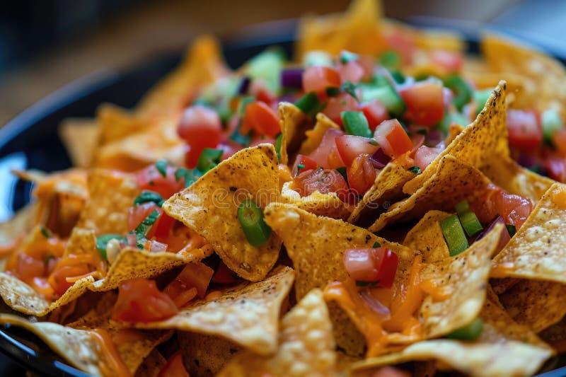 Nachos colorati di fresco con pomodori formaggio e cipolle verdi in una ciotola rustica fotografia stock libera da diritti