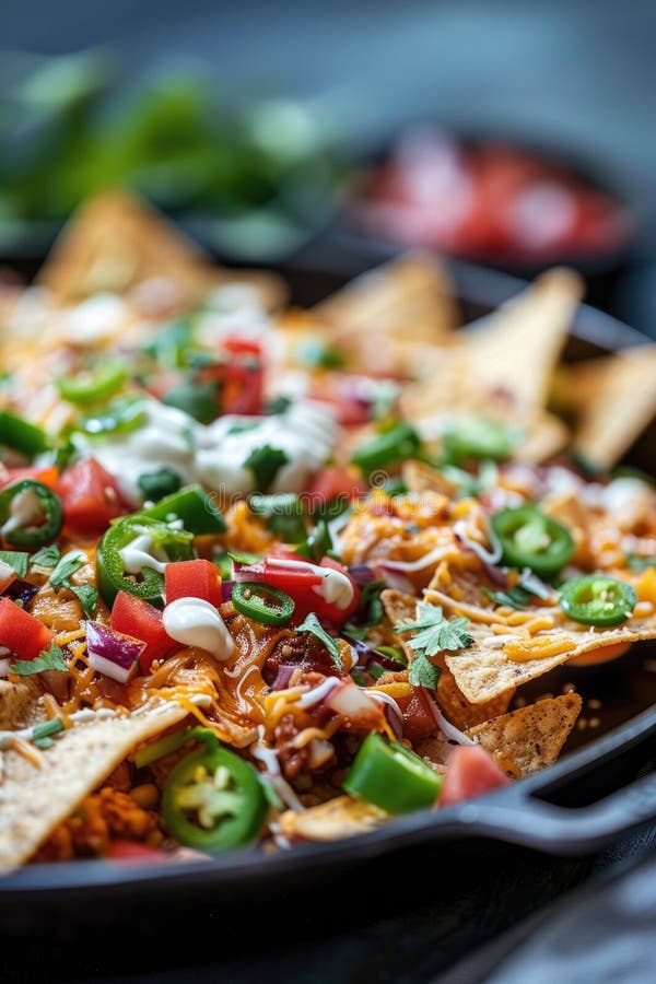 Nachos colorati di fresco con pomodori formaggio e cipolle verdi in una ciotola rustica immagine stock