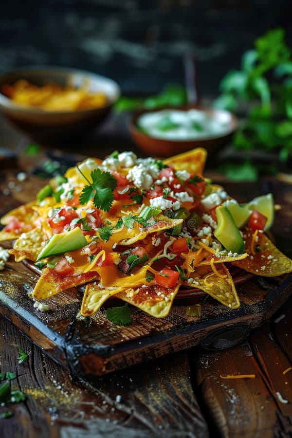 Nachos colorati di fresco con pomodori formaggio e cipolle verdi in una ciotola rustica. prodotto a base di
