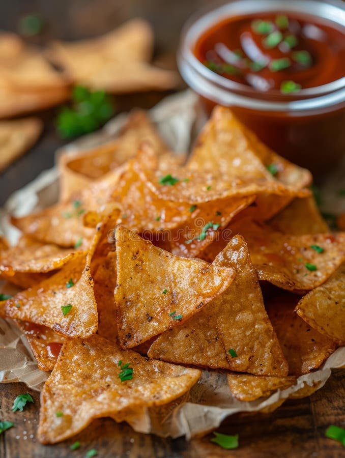 Nachos with herbs served with a side of salsa dip. stock images
