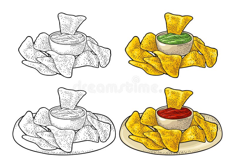 Nachos - mexikansk traditionell mat Inristad illustration för vektor tappning stock illustrationer Nachos - mexikansk traditionell mat Inristad illustration för vektor tappning stock illustrationer