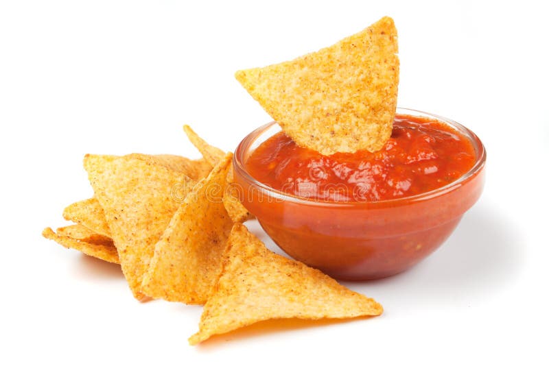 Nachos, puces de maïs avec le Salsa frais image stock