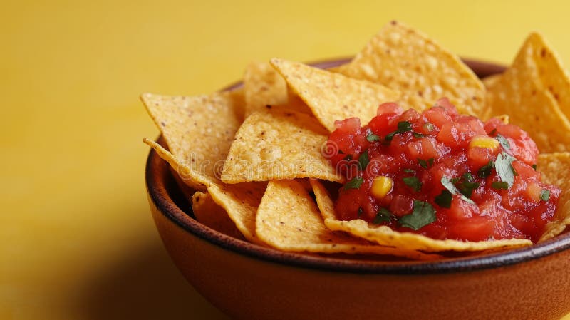 Nachos with salsa in a bowl on a yellow background. stock images