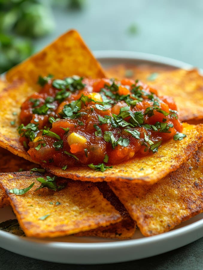 Nachos with salsa garnished with cilantro on a plate. royalty free stock photo