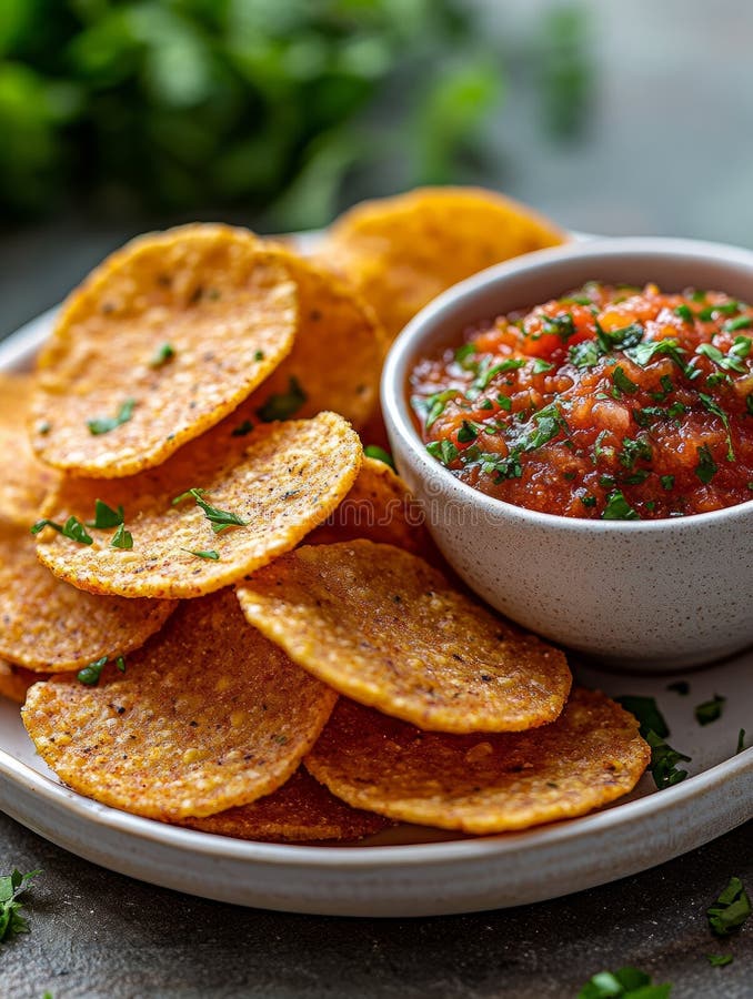 Nachos and salsa on a plate with fresh herbs garnish. stock photos