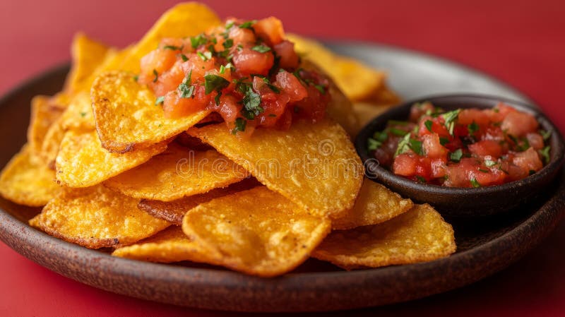 Nachos with salsa on a plate with a side dip. royalty free stock photo