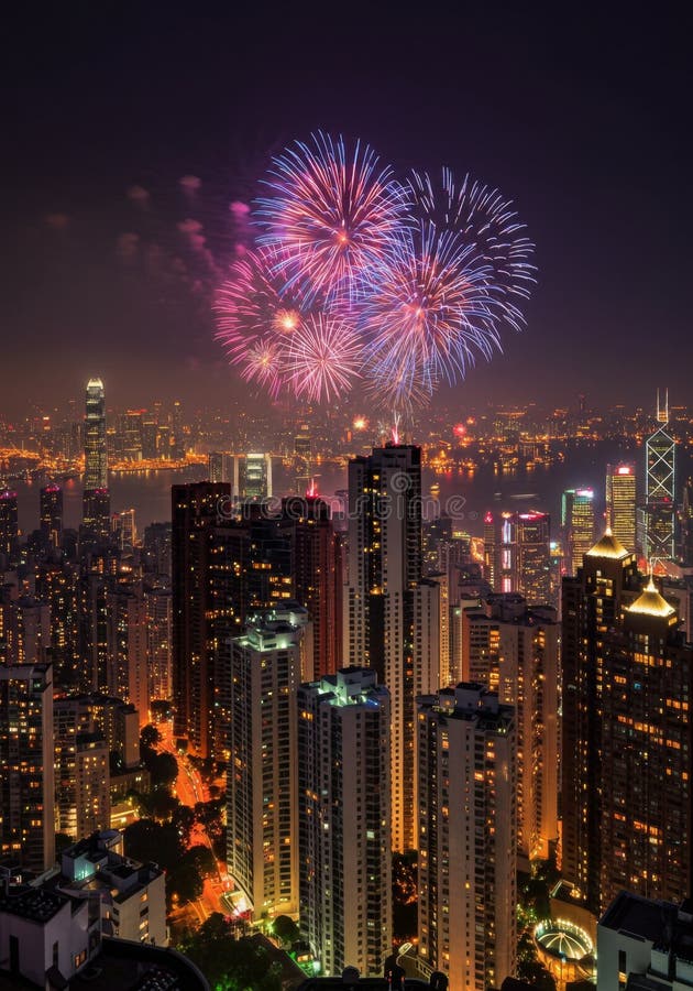 Nacht Cityscape met levendige Fireworks-weergave stock illustratie