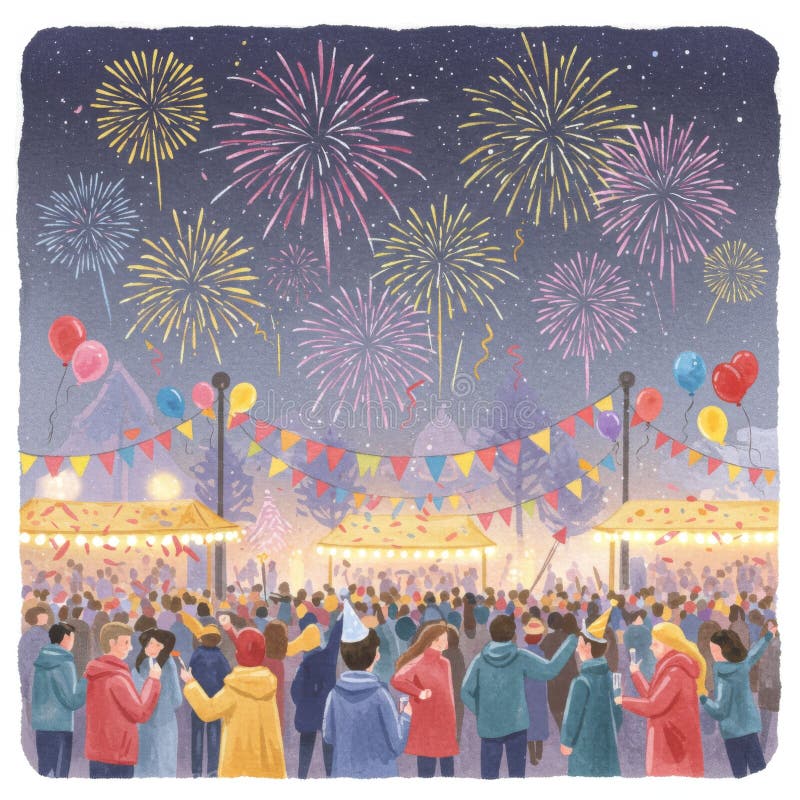 Nacht de viering van het Vuurwerk met Kroes royalty-vrije illustratie