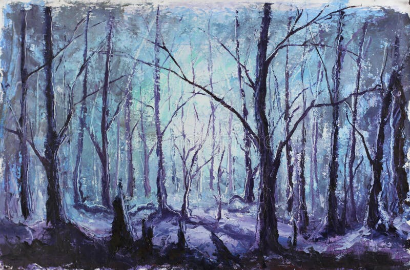 Nacht mystiek bos, olieverfschilderij vector illustratie Nacht mystiek bos, olieverfschilderij vector illustratie