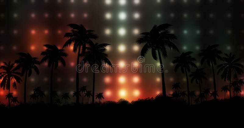 Nachtlandschap met palmen, tegen de achtergrond van een neonzonsondergang, sterren De palmen van de silhouetkokosnoot op strand b stock illustratie Nachtlandschap met palmen, tegen de achtergrond van een neonzonsondergang, sterren De palmen van de silhouetkokosnoot op strand b stock illustratie