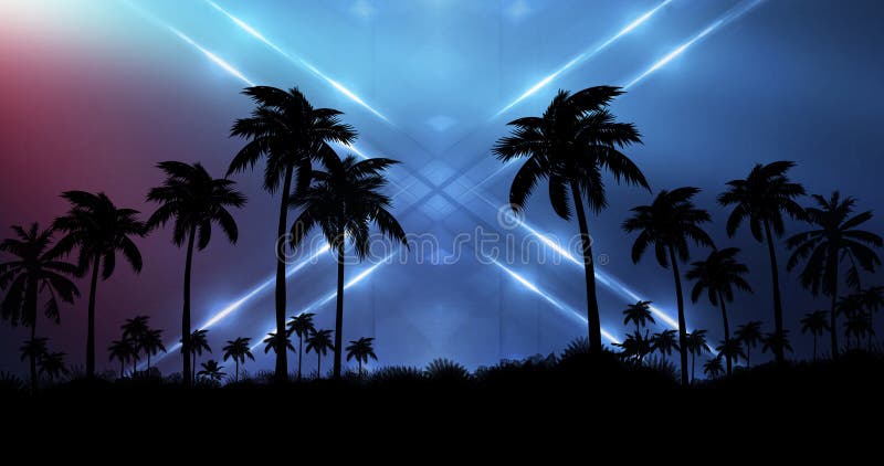 Nachtlandschap met palmen, tegen de achtergrond van een neonzonsondergang, sterren De palmen van de silhouetkokosnoot op strand b royalty-vrije illustratie Nachtlandschap met palmen, tegen de achtergrond van een neonzonsondergang, sterren De palmen van de silhouetkokosnoot op strand b royalty-vrije illustratie
