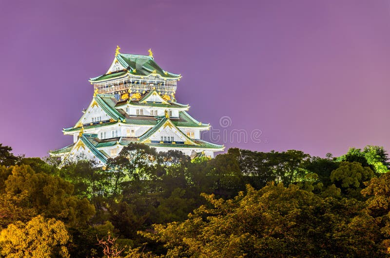 Nachtmening van Osaka Castle in Japan stock fotografie Nachtmening van Osaka Castle in Japan stock fotografie